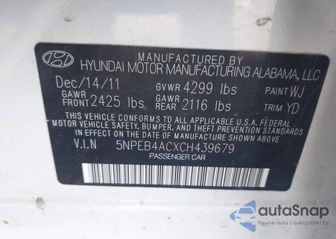 2012 Hyundai Sonata Gls z USA, uszkodzony, nr VIN 5NPEB4ACXCH439679